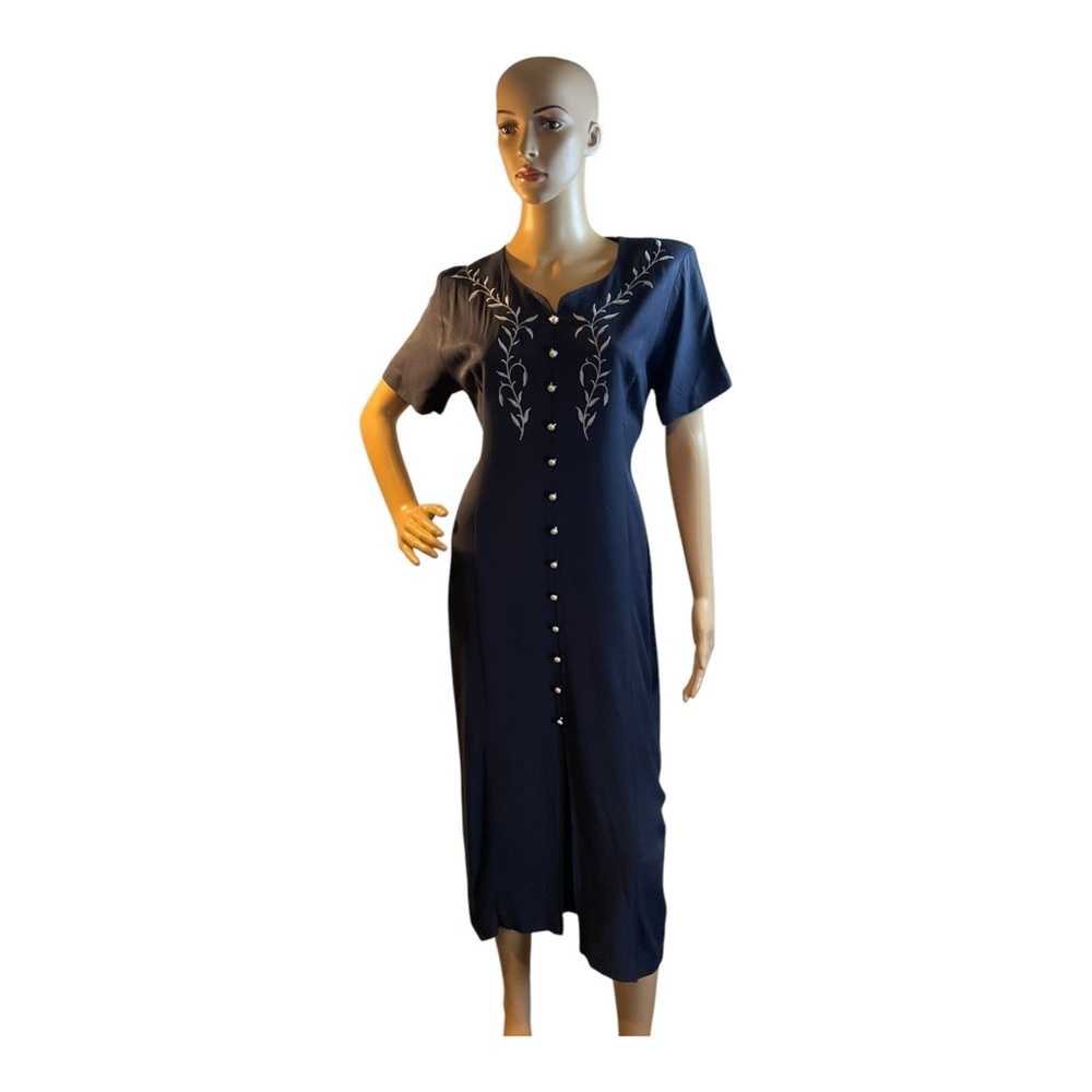 Dawn Joy Women’s Blue Crepe Wiggle Dress Cottagecore Ankle Length Vintage Size M